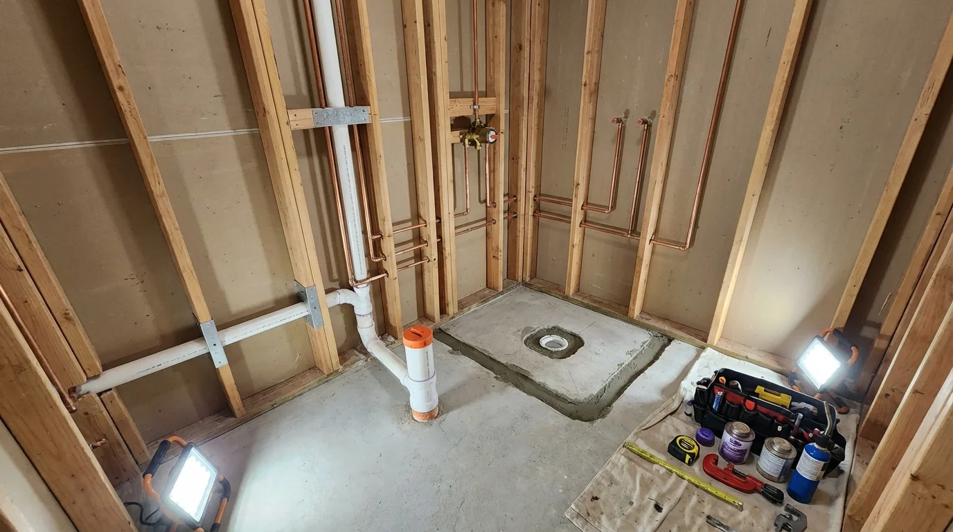 Bathroom rough-in plumbing during remodel by Johns Plumbing LLC in Ohkay Owingeh