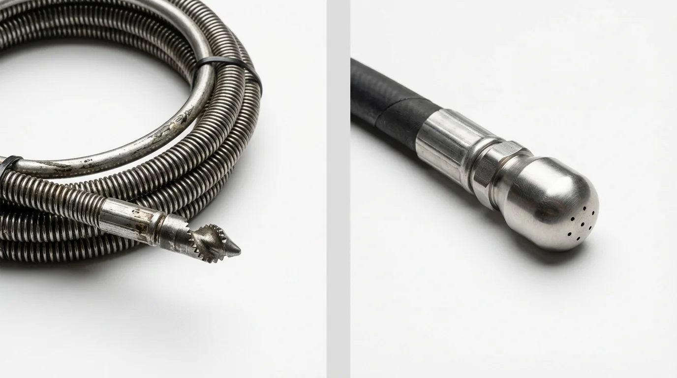 Drain snake cable and hydro jetting nozzle used for drain cleaning in Ohkay Owingeh, NM