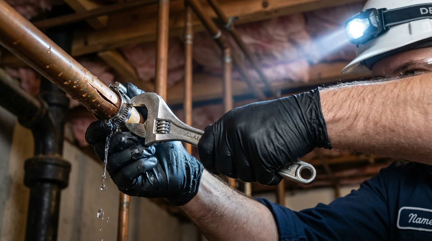 Emergency pipe clamp repair being performed by a Johns Plumbing LLC plumber in Ohkay Owingeh