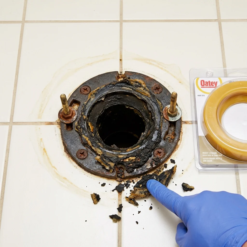 Failed wax ring showing water seepage at the base of a toilet in a Ohkay Owingeh, NM home