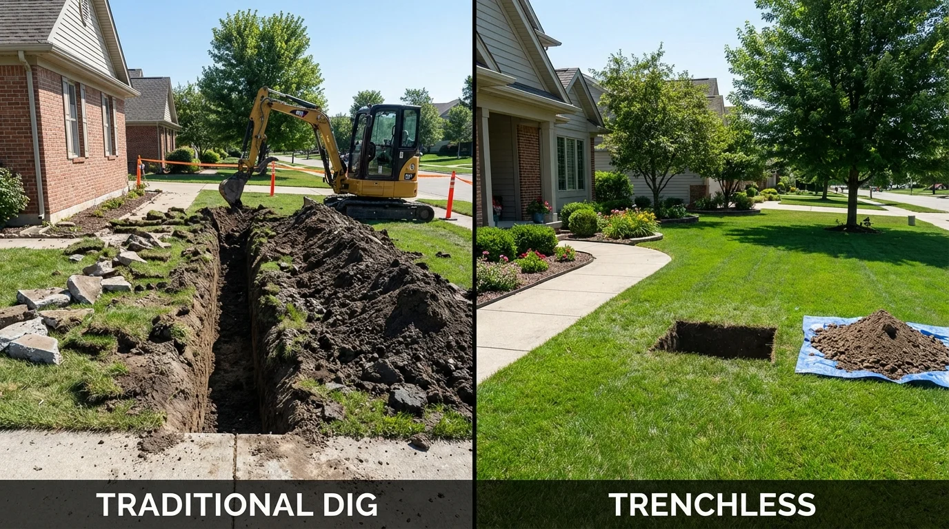Trenchless sewer repair with minimal yard damage versus traditional excavation in Ohkay Owingeh, NM