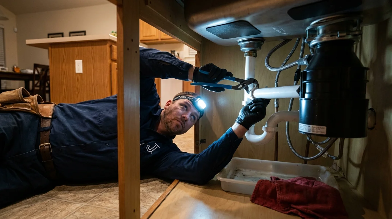 P-trap and supply line connections under a kitchen sink showing a common leak point in Ohkay Owingeh, NM